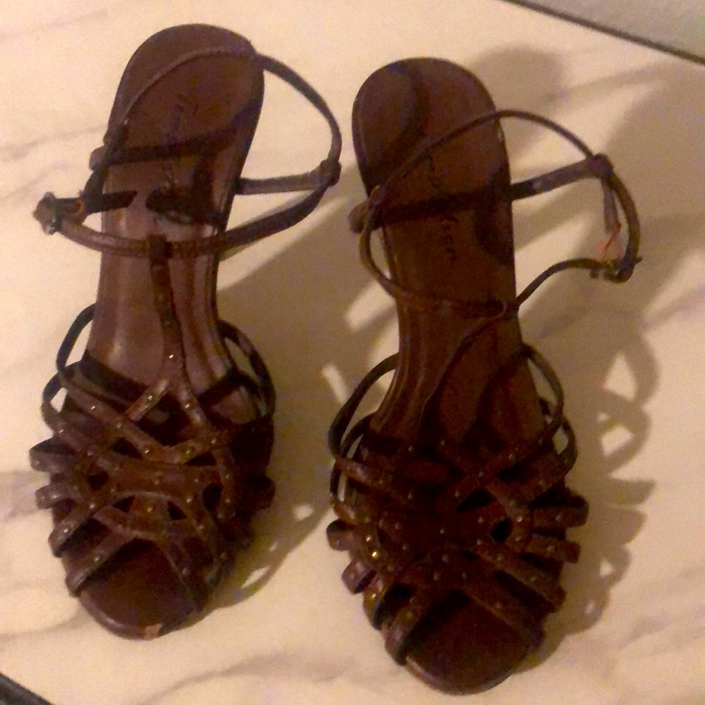 Brown Open-Toed Heels with gold accents